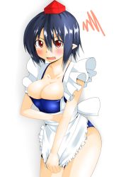 Rule 34 | 1girl, apron, black hair, blush, breasts, cleavage, female focus, hat, kirome (kamipaper), looking at viewer, one-piece swimsuit, open mouth, pointy ears, red eyes, shameimaru aya, short hair, solo, squiggle, swimsuit, tears, tokin hat, touhou