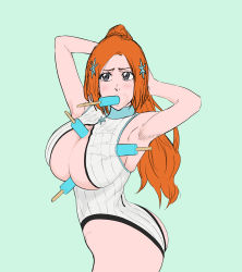 Rule 34 | 1girl, absurdres, adapted costume, arms up, ass, between breasts, bleach, blush, breasts, cleavage, curvy, embarrassed, food, front zipper swimsuit, highleg, highleg swimsuit, highres, huge ass, ice cream, inoue orihime, iwao178, large breasts, long hair, looking away, meme attire, multicolored clothes, multicolored swimsuit, one-piece swimsuit, orange hair, ponytail, sexually suggestive, shiny skin, simple background, solo, sweat, swimsuit, thighs, upper body, very long hair
