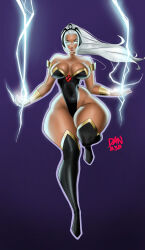 Rule 34 | 1girl, absurdres, artist request, bare shoulders, black leotard, boots, breasts, dark-skinned female, dark skin, electricity, floating, glowing, glowing eyes, headpiece, high heel boots, high heels, highleg, highleg leotard, highres, large breasts, leotard, lips, long hair, looking at viewer, marvel, no pupils, outstretched arms, revealing clothes, shiny skin, solo, spread arms, storm (x-men), thigh boots, thighhighs, thong leotard, x-men
