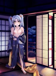 Rule 34 | 1girl, absurdres, barefoot, blue hair, blue kimono, breasts, closed mouth, collarbone, elementary, feet, female focus, floral print, floral print kimono, full body, highres, hoshino ruri, indoors, japanese clothes, kidou senkan nadesico, kimono, long hair, long sleeves, looking at viewer, nipples, off shoulder, sleeves past fingers, sleeves past wrists, small breasts, smile, solo, standing, toes, yellow eyes