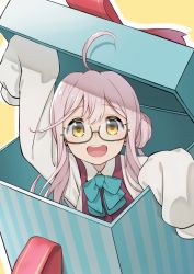 Rule 34 | 1girl, :d, absurdres, ahoge, blue bow, blue bowtie, bow, bowtie, box, brown eyes, collared shirt, commentary request, gift, gift box, glasses, green-framed eyewear, hand up, highres, in box, in container, kantai collection, long hair, long sleeves, looking at viewer, makigumo (kancolle), open mouth, outline, pink hair, red vest, round teeth, saruchitan, semi-rimless eyewear, shirt, simple background, sleeves past fingers, sleeves past wrists, smile, solo, teeth, under-rim eyewear, vest, white outline, white shirt, wing collar, yellow background, yellow eyes