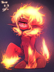 Rule 34 | 1girl, breasts, closed mouth, colored skin, contrapposto, cowboy shot, cropped legs, cyclops, dated, detached sleeves, fiery hair, fiery tail, glowing, glowing eyes, long sleeves, looking at viewer, medium hair, monster girl, muroku (aimichiyo0526), one-eyed, original, pointy ears, red eyes, red skin, sanpaku, signature, sleeves past fingers, sleeves past wrists, small breasts, solo, tail