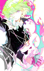Rule 34 | 1boy, androgynous, black shirt, blue background, ezu (e104mjd), highres, light green hair, lio fotia, long sleeves, looking at viewer, male focus, multicolored background, pink background, promare, red eyes, shirt, short hair, solo, white background