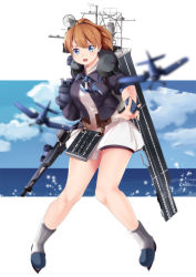 Rule 34 | 1girl, :d, ahoge, aircraft, airplane, bare legs, between fingers, black jacket, black ribbon, blue eyes, blue sky, blurry, blush, boots, day, depth of field, dress, f4u corsair, flight deck, grey footwear, highres, holding, horizon, intrepid (kancolle), jacket, kantai collection, knee boots, light particles, looking at viewer, machinery, motion blur, neck ribbon, ocean, open clothes, open jacket, open mouth, outdoors, outside border, ponytail, ribbon, rigging, short hair, short ponytail, sky, sleeves past elbows, smile, solo, tareme, water, white dress, yasume yukito