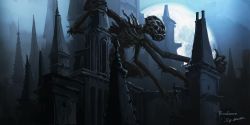 Rule 34 | amygdala (bloodborne), bloodborne, blue theme, building, commentary, copyright name, eldritch abomination, extra arms, highres, monster, moon, night, no humans, outdoors, scenery, signature, tripdancer