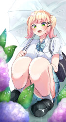 Rule 34 | 1girl, absurdres, aogami high school uniform, blonde hair, blue skirt, blush, brown footwear, collared shirt, flower, full body, gradient hair, green eyes, hair flaps, hair ornament, hairclip, highres, holding, holding umbrella, hololive, hydrangea, loafers, looking at flowers, minnie mouse ears, momosuzu nene, multicolored hair, official alternate costume, official alternate hair length, official alternate hairstyle, okome 0628, open mouth, pink hair, plaid, plaid skirt, pleated skirt, rain, school uniform, shirt, shoes, short sleeves, siblings, skirt, solo, squatting, twins, umbrella, virtual youtuber, white shirt