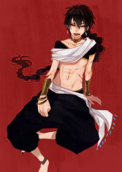 Rule 34 | 1boy, barefoot, black hair, bleeding, blood, bracelet, braid, collar, collarbone, crop top, cuts, earrings, fangs, highres, injury, jewelry, judal, long hair, magi the labyrinth of magic, male focus, midriff, nail polish, navel, neck ring, open mouth, ponytail, red eyes, single braid, solo, soono (rlagpfl), very long hair, wristband