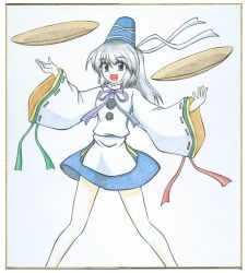 Rule 34 | 1girl, :d, bare legs, grey eyes, hat, long hair, looking at viewer, meguru (mm-da), miniskirt, mononobe no futo, open mouth, plate, plate spinning, pom pom (clothes), ponytail, shikishi, silver hair, skirt, smile, solo, tate eboshi, touhou, traditional media, wide sleeves