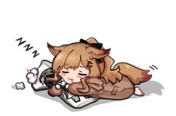 Rule 34 | 1girl, animal ears, arknights, black bow, bow, brown dress, brown hair, ceobe (arknights), chibi, dakimakura (object), doctor (arknights), dog ears, dog girl, dog tail, dress, drooling, closed eyes, hair bow, hair ornament, hairclip, highres, lying, mabing, hugging object, official alternate costume, on stomach, onesie, pillow, pillow hug, ponytail, shadow, simple background, sleeping, solo, tail, white background, zzz