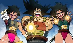 Rule 34 | 1boy, 2girls, angry, arm up, armor, arms up, bahnloopi, bardock, black eyes, black hair, blue sky, breasts, collarbone, couple, dragon ball, dragon ball super, dragonball z, earrings, energy, energy ball, facing viewer, fangs, fasha, gine, gloves, hand up, hands up, highres, husband and wife, incoming attack, jewelry, large breasts, leotard, looking at viewer, matching hair/eyes, medium hair, multiple girls, muscular, muscular female, muscular male, open mouth, outdoors, palms, panties, pink eyes, pink panties, pointing, saiyan, saiyan armor, scar, scar on face, screaming, serious, seripa, signature, sky, spiked hair, sweat, tail, teamwork, teeth, thighs, tongue, underwear, upper body