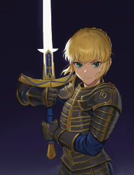 Rule 34 | 1girl, alternate costume, armor, artoria pendragon (all), artoria pendragon (fate), blonde hair, breastplate, fate/stay night, fate (series), gauntlets, green eyes, hair between eyes, hair bun, highres, holding, holding sword, holding weapon, jason kim, looking at viewer, plate armor, saber (fate), single hair bun, solo, sword, weapon