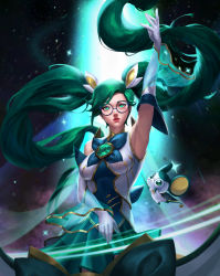 Rule 34 | 1girl, absurdres, arm up, armpits, bare shoulders, blue-framed eyewear, creature, elbow gloves, eyelashes, falling star, gem, glasses, gloves, green eyes, green gemstone, green hair, green theme, highres, holding, instrument, league of legends, long hair, music, parted lips, pink lips, playing instrument, see-through, sky, sona (league of legends), star (sky), star guardian (league of legends), star guardian sona, starry sky, tian wip, twintails, very long hair, white gloves