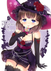 Rule 34 | 1girl, blue eyes, blush, breasts, brown hair, candy, cleavage, cowboy shot, dress, earrings, elbow gloves, closed eyes, flower, food, gloves, happy birthday, harukaruha, hat, hat flower, heart, heart-shaped pupils, highres, jewelry, lace, lace-trimmed legwear, lace trim, lollipop, looking at viewer, medium breasts, sakuma mayu, short hair, smile, solo, symbol-shaped pupils, thighhighs, witch hat