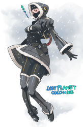 Rule 34 | 1girl, balaclava, blue eyes, boots, breasts, capcom, coat, cold, crossover, fur trim, g-room honten, hood, lost planet, lost planet colonies, mask, parody, snow, space channel 5, thigh boots, thighhighs, tiptoes, ulala, winter clothes, winter coat