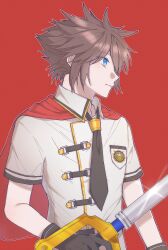 Rule 34 | 1boy, absurdres, black necktie, blue eyes, brown hair, cape, closed mouth, collared shirt, dress uniform, gongju s2, highres, holding, holding weapon, keyblade, kingdom hearts, kingdom key, looking to the side, military uniform, necktie, red background, red cape, shirt, short sleeves, simple background, solo, sora (kingdom hearts), spiked hair, uniform, weapon, white shirt