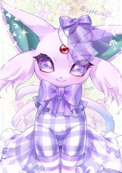 Rule 34 | aije, blush, bow, bowtie, closed mouth, clothed pokemon, commentary request, creatures (company), espeon, espeon (checkered), eyelashes, forehead jewel, forked tail, game freak, gen 2 pokemon, hat, highres, looking at viewer, nintendo, no humans, plaid, plaid skirt, pokemon, pokemon (creature), pokemon unite, purple bow, purple bowtie, purple eyes, skirt, smile, solo, tail