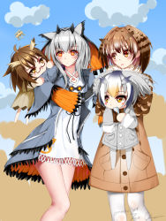 Rule 34 | 4girls, animal ears, arknights, brown coat, brown eyes, brown hair, chinese commentary, cloud, coat, commentary request, crossover, day, dress, drone, eeo.gopiy, eurasian eagle owl (kemono friends), feather hair, glasses, grey coat, head wings, highres, kemono friends, multiple girls, northern white-faced owl (kemono friends), pantyhose, pocket, ptilopsis (arknights), short hair, signature, silence (arknights), silver hair, sky, trait connection, white dress, white legwear, wings