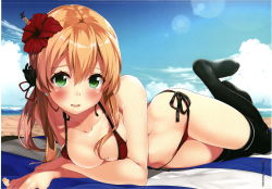 Rule 34 | 1girl, anchor hair ornament, aqua eyes, beach, bikini, blonde hair, blush, breasts, cleavage, day, feet, flower, gintarou (kurousagi108), hair flower, hair ornament, halterneck, highres, kantai collection, kneehighs, large breasts, looking at viewer, lying, no shoes, on stomach, prinz eugen (kancolle), scan, scan artifacts, sky, socks, string bikini, swimsuit, twintails