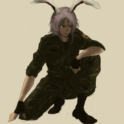 Rule 34 | 1girl, 7 (nnnnnnnk), animal ears, boots, camouflage, fingerless gloves, gloves, light purple hair, military, military uniform, rabbit ears, red eyes, reisen udongein inaba, solo, squatting, touhou, uniform