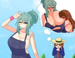 Rule 34 | 2girls, absurdres, aqua eyes, aqua hair, asa midori, breasts, brown hair, cleavage, closed eyes, closed mouth, cloud, dirty, fantasy, hair bun, hat, highres, huge breasts, implied breast sucking, large breasts, lens flare, light rays, long hair, matching hair/eyes, multiple girls, naked overalls, no bra, one eye closed, open mouth, original, outdoors, overalls, rezu (the only shoe), short hair with long locks, sideboob, sky, smile, standing, sweat, the only shoe, thought bubble, yuri