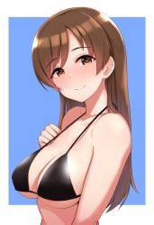Rule 34 | 1girl, bare arms, bare shoulders, bikini, black bikini, blue background, blush, border, breasts, brown eyes, brown hair, cleavage, closed mouth, collarbone, commentary request, from side, halterneck, hand on own chest, hand up, idolmaster, idolmaster cinderella girls, large breasts, long hair, looking at viewer, looking to the side, nitta minami, nose blush, outside border, simple background, smile, solo, string bikini, swimsuit, tomajiyama, underboob, upper body, white border