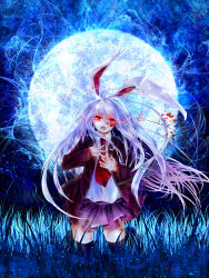 Rule 34 | 1girl, ahoge, animal ears, bad id, bad pixiv id, black thighhighs, blazer, blood, blood on face, crescent, crying, crying with eyes open, energy, female focus, floating hair, full moon, glowing, glowing eyes, grass, hands on own chest, jacket, kneeling, light purple hair, long hair, looking at viewer, magic, moon, necktie, open mouth, pleated skirt, rabbit ears, red necktie, reisen udongein inaba, shirt, silentdin, silver hair, skirt, slit pupils, solo, sparks, tears, thighhighs, touhou, very long hair, white shirt, zettai ryouiki