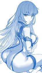 Rule 34 | 1girl, absurdres, ass, barefoot, blue theme, bodysuit, breasts, c.c., closed mouth, code geass, commentary, from side, highres, large breasts, long hair, looking at viewer, looking to the side, metsu end, monochrome, simple background, sitting, soles, solo, straitjacket, torn clothes, very long hair, wardrobe malfunction, wariza, white background, yellow eyes