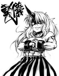 Rule 34 | 1girl, abs, amau (kosmos), breasts, cuffs, female focus, grin, highres, horns, hoshiguma yuugi, long hair, midriff, monochrome, muscular, navel, pointy ears, shaded face, simple background, single horn, smile, solo, touhou, white background