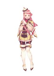 Rule 34 | absurdres, brown eyes, cape, crown, epaulettes, fantasy earth zero, gloves, hair ornament, hat, highres, open mouth, own hands clasped, own hands together, pink hair, sash, smile, solo, sword, thighhighs, uniform, weapon