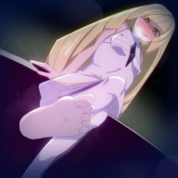 Rule 34 | 10s, 1girl, :p, bare arms, barefoot, blonde hair, blush, collarbone, creatures (company), crossed legs, crystal, dutch angle, feet, foot focus, game freak, green eyes, heavy breathing, long hair, looking at viewer, looking down, lusamine (pokemon), mature female, multicolored hair, nintendo, pokemon, pokemon sm, ruku (alicecreation), sitting, sleeveless, smile, soles, solo, streaked hair, toes, tongue, tongue out, very long hair