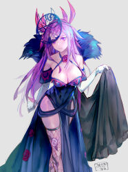 Rule 34 | 1girl, bare shoulders, blue dress, breasts, cleavage, commentary request, detached sleeves, dress, elbow gloves, fascinator, feet out of frame, female focus, fire emblem, fire emblem engage, fishnet thighhighs, fishnets, gloves, grey background, halterneck, ivy (fire emblem), large breasts, long hair, looking at viewer, matching hair/eyes, mole, mole under mouth, nintendo, pelvic curtain, purple eyes, purple hair, short sleeves, simple background, solo, standing, t misaomaru, thighhighs, very long hair, white gloves