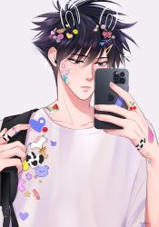 Rule 34 | 1boy, apple inc., backpack, bag, black hair, blue eyes, cellphone, closed mouth, drawn ears, fushiguro megumi, hair between eyes, hair ornament, hairpin, hand up, highres, holding, holding phone, jujutsu kaisen, looking at phone, male focus, phone, shirt, short hair, simple background, smartphone, solo, spiked hair, sticker, upper body, white background, white shirt, z0umu