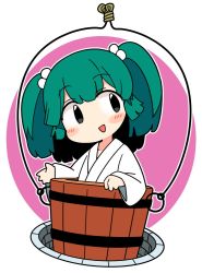 Rule 34 | 1girl, :d, bucket, green eyes, green hair, hair bobbles, hair ornament, in bucket, in container, ini (inunabe00), japanese clothes, kimono, kisume, long sleeves, looking at viewer, open mouth, short hair, smile, solo, touhou, twintails, well, white kimono, wooden bucket