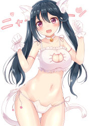 Rule 34 | 1girl, :d, animal ear fluff, animal ears, bad id, bad pixiv id, bare shoulders, bell, black hair, blush, bra, breasts, cat cutout, cat ears, cat lingerie, cat tail, choker, cleavage, cleavage cutout, clothing cutout, collarbone, cowboy shot, fangs, frilled bra, frills, gloves, gluteal fold, groin, hair between eyes, hands up, highres, jingle bell, long hair, looking at viewer, medium breasts, meme attire, navel, open mouth, panties, paw pose, phantasy star, phantasy star online 2, pink eyes, side-tie panties, sidelocks, simple background, smile, solo, standing, tail, twintails, underwear, washinomiya koori, white background, white bra, white choker, white gloves, white panties, yuano