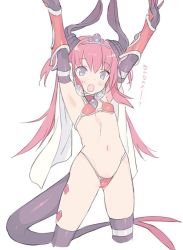 Rule 34 | 1girl, armor, arms up, bikini, bikini armor, black thighhighs, blade (galaxist), blue eyes, blush, breasts, cape, choker, commentary request, curled horns, dragon girl, dragon horns, dragon tail, elizabeth bathory (brave) (fate), elizabeth bathory (fate), fate/grand order, fate (series), hair between eyes, horns, long hair, navel, o/, open mouth, outstretched arms, oversized clothes, pauldrons, pink hair, red armor, red bikini, red choker, shoulder armor, simple background, small breasts, solo, string bikini, swimsuit, tail, thighhighs, tiara, translation request, two side up, vambraces, very long hair, white background, white cape