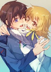 Rule 34 | 1boy, 1girl, arms around neck, blonde hair, brother and sister, brown hair, cagalli yula athha, gundam, gundam seed, gundam seed destiny, gundam seed freedom, highres, hug, kira yamato, military, military uniform, oekkiiiimw3, open mouth, purple eyes, short hair, siblings, smile, uniform, yellow eyes