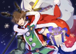 Rule 34 | 1boy, animal ears, bell, bow, bowtie, brown eyes, brown hair, christmas, facial hair, fate/grand order, fate (series), fur trim, gift, gift bag, gift wrapping, goatee, goya (xalbino), hair ribbon, hector (fate), holding, looking at viewer, male focus, one eye closed, polearm, ponytail, ribbon, santa costume, signature, smile, snowflakes, solo, upper body, weapon