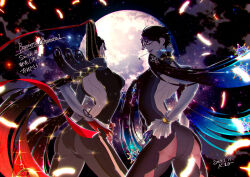 1girl ass backless_outfit bad_id bad_twitter_id bayonetta bayonetta_(series) bayonetta_1 bayonetta_2 beehive_hairdo black-framed_eyewear black_bodysuit black_hair bodysuit breasts candy clothing_cutout collar cowboy_shot dated diamond_cutout earrings elbow_gloves facing_away falling_feathers feathers food frilled_collar frilled_sleeves frills full_moon glasses gloves hand_on_own_hip jewelry kara_namako large_breasts lipstick lollipop looking_back makeup mole mole_under_mouth moon multiple_views official_alternate_hair_length official_alternate_hairstyle red_ribbon ribbon sky star_(sky) starry_sky translation_request triangle_earrings white_gloves