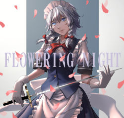 Rule 34 | 1girl, absurdres, apron, bad id, bad pixiv id, blue background, blue eyes, blue skirt, blue vest, bow, bowtie, braid, breasts, colored eyelashes, commentary request, cowboy shot, eit (ikeuchi), english text, frilled apron, frills, gloves, grey background, hair between eyes, hair bow, head tilt, highres, holding, holding sword, holding weapon, izayoi sakuya, looking at viewer, maid, maid apron, maid headdress, medium breasts, parted lips, petals, puffy short sleeves, puffy sleeves, rapier, red bow, red bowtie, shirt, short hair, short sleeves, silver hair, skirt, skirt set, solo, standing, sword, touhou, twin braids, two-tone background, vest, waist apron, weapon, white apron, white gloves, white shirt