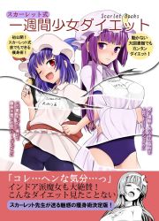 Rule 34 | 2girls, alternate costume, bat wings, bike shorts, blue hair, blush, breasts, buruma, cookie, crescent, dress, female focus, food, gym uniform, hairband, hat, large breasts, long hair, looking at viewer, miki purasu, multiple girls, open mouth, partially colored, patchouli knowledge, purple eyes, purple hair, red eyes, remilia scarlet, touhou, translation request, uniform, whistle, white background, wings