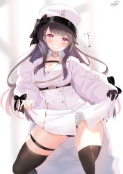 Rule 34 | 1girl, absurdres, azur lane, bad id, bad twitter id, black gloves, black panties, black ribbon, black thighhighs, blurry, blurry background, blush, breasts, cleavage, coat, commentary, detached collar, doyagao, gloves, grin, hat, highres, kurorakudaaa, large breasts, lifted by self, long hair, looking at viewer, military, military uniform, open clothes, open coat, pamiat merkuria (azur lane), panties, pink eyes, raised eyebrows, ribbon, signature, single glove, skindentation, smile, smug, solo, standing, thigh strap, thighhighs, thighs, translated, underwear, uniform, white coat, white hat, wing collar