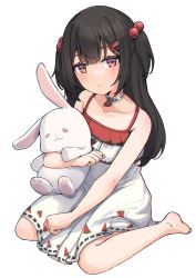 Rule 34 | 1girl, absurdres, barefoot, blush, collarbone, commentary, emi suika, english commentary, flat chest, food-themed hair ornament, grey choker, hair ornament, head tilt, highres, holding, holding stuffed toy, idol corp, long hair, looking at viewer, red eyes, soles, solo, stuffed animal, stuffed rabbit, stuffed toy, two side up, valefal coneri, virtual youtuber, watermelon hair ornament