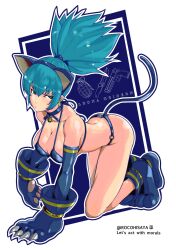 Rule 34 | 1girl, all fours, animal costume, animal ears, animal hands, artist name, bell, bikini, black bikini, blue eyes, blue hair, breasts, cat costume, cat ears, cat paws, cat tail, character name, cleavage, earrings, extra ears, gloves, highres, jewelry, jingle bell, large breasts, leona heidern, o-ring, o-ring bikini, paw gloves, ponytail, rocohisaya, snk heroines: tag team frenzy, solo, swimsuit, tail, the king of fighters, triangle earrings