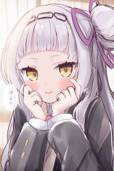 Rule 34 | 1girl, absurdres, black hairband, black jacket, blunt bangs, blush, cocozasa, commentary request, hair bun, hair ribbon, hairband, hands on own cheeks, hands on own face, hands up, head rest, highres, hololive, jacket, long hair, long sleeves, looking at viewer, murasaki shion, parted lips, purple ribbon, ribbon, short eyebrows, side bun, silver hair, simple background, single hair bun, single side bun, smile, solo, translation request, upper body, virtual youtuber, yellow eyes