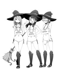 Rule 34 | 10s, 3girls, absurdres, bikini, blush, breasts, broom, cameltoe, cleft of venus, geewhy, glasses, greyscale, groin, hair over one eye, hat, highres, kagari atsuko, little witch academia, lotte jansson, micro bikini, monochrome, multiple girls, navel, simple background, small breasts, smile, standing, sucy manbavaran, swimsuit, v, witch, witch hat