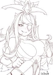Rule 34 | 1girl, bare shoulders, blush, breasts, center opening, cleavage, collarbone, elbow gloves, eyepatch, gloves, hand on breast, large breasts, league of legends, lolboja, magical girl, sketch, smile, solo, star guardian (league of legends), star guardian syndra, syndra, white gloves
