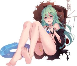 Rule 34 | 1girl, armlet, barefoot, black ribbon, blue ribbon, full body, green eyes, green hair, hair between eyes, hair flaps, hair ornament, hair ribbon, hairclip, hat, innertube, kantai collection, kujou ichiso, long hair, machinery, official art, open clothes, open robe, parted bangs, ponytail, ribbon, robe, sidelocks, solo, straw hat, swim ring, swimsuit, tears, torn clothes, transparent background, yamakaze (kancolle)