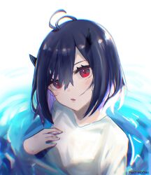 Rule 34 | 1girl, afloat, antenna hair, artist name, black clover, black hair, black horns, blush, demon horns, highres, hiromitwo, horns, looking at viewer, parted lips, red eyes, secre swallowtail, shirt, solo, water, wet, wet clothes, wet hair, wet shirt
