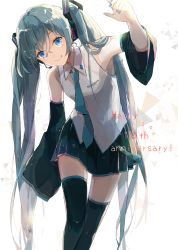 Rule 34 | 1girl, anniversary, arm at side, arm up, armpits, bare shoulders, black skirt, blue eyes, blue hair, blue nails, blue necktie, detached sleeves, feet out of frame, fingernails, hair between eyes, happy, hatsune miku, head tilt, highres, krok 275, long hair, nail polish, necktie, plaid, plaid skirt, shirt, simple background, skirt, sleeveless, sleeveless shirt, smile, solo, standing, straight hair, thighhighs, thighs, triangle, twintails, very long hair, vocaloid, white background, white shirt, zettai ryouiki