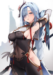 Rule 34 | 1girl, arm behind head, arm up, armpits, black bodysuit, blue eyes, blush, bodysuit, braid, breast curtain, breasts, covered erect nipples, covered navel, cowboy shot, earrings, eyes visible through hair, genshin impact, gradient eyes, hair ornament, hair over one eye, highres, hip vent, holding, holding weapon, jewelry, long hair, low-braided long hair, low-tied long hair, multicolored eyes, parted lips, polearm, presenting armpit, rope, see-through, shenhe (genshin impact), shimenawa, simple background, single braid, skin tight, solo, standing, sweat, swept bangs, tassel, tassel earrings, togo (korlsj1235), torn bodysuit, torn clothes, weapon, white background, white hair